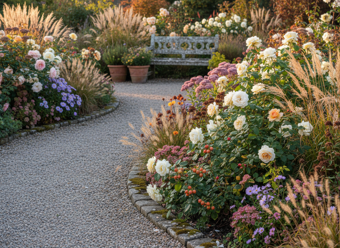 A seasonal planting vignette at Old Kent’s Cottage Gardens in early autumn, captured in rich photographic detail. A curved gravel path sweeps from the lower left toward a distant stone bench, flanked by exuberant borders of repeat‑flowering David Austin roses mingled with asters, sedums, and tawny ornamental grasses. Rose hips in shades of orange and crimson hang among glossy green foliage, contrasting with the dusty mauve of spent flower heads. Low, angled afternoon sunlight bathes the scene in a soft amber glow, catching the tips of grass plumes and creating gentle cross‑lighting that reveals textures in stone edging and aged terracotta pots. Shot from a slightly elevated three‑quarter view with moderate depth of field, the path remains crisp while the background bench softens, evoking a reflective, end‑of‑season elegance.