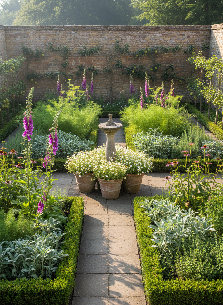 A tranquil physic garden laid out in neat geometric beds edged with low box hedging, with digitalis, fennel, sage, and echinacea around a stone sundial.