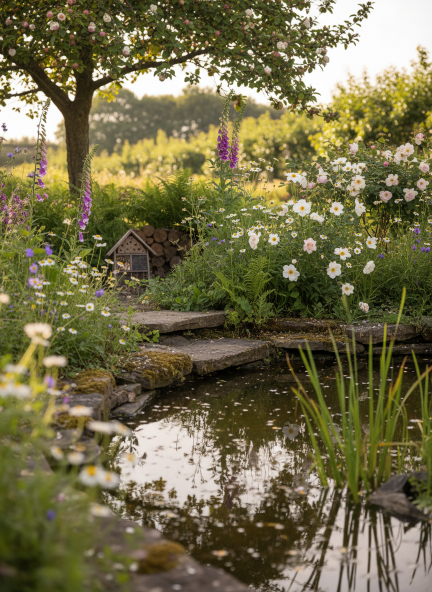 A wildlife-friendly corner in warm late-afternoon light, with a small reflective pond rimmed with worn stone and moss, native grasses, oxeye daisies, and shrub roses.