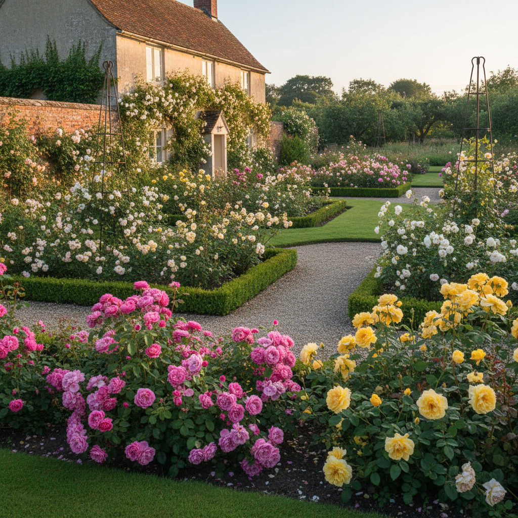 A broad, elegant view of Old Kent’s Cottage Gardens in Lancashire, captured in photographic realism. In the foreground, wide herbaceous borders overflow with David Austin roses like ‘Gertrude Jekyll’ and ‘Graham Thomas’, their petals densely layered and dew‑touched. Textured gravel paths weave between clipped box edging, leading toward a soft‑cream stone cottage partly veiled in old climbing roses and ivy. Early evening golden light washes across the scene, catching the warm tones of weathered brick walls and casting long, delicate shadows from wrought‑iron obelisks. The atmosphere feels serene and timeless, with subtle bokeh softening distant orchard trees and wildlife corners. Shot from a slightly elevated angle with sharp focus in the mid‑ground, the composition follows the path into the garden, inviting the viewer to wander deeper into this sophisticated English cottage sanctuary.