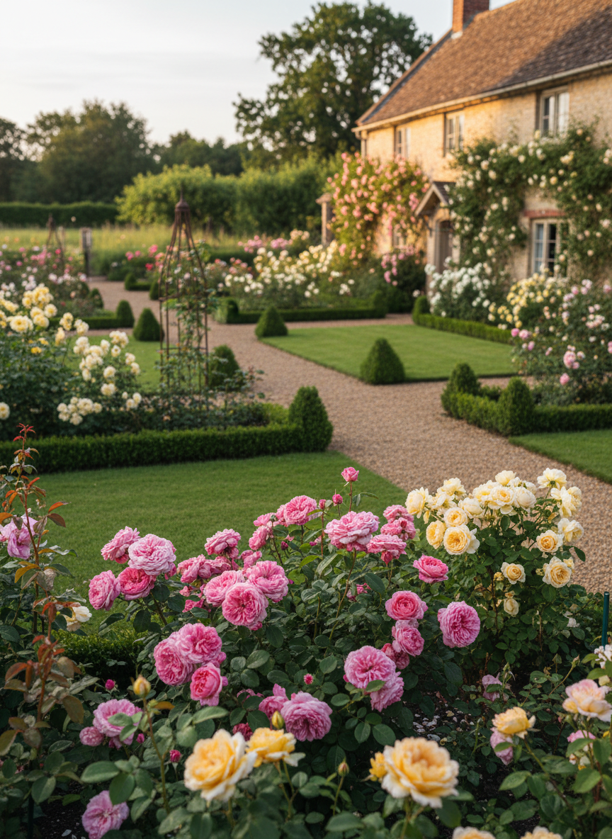 A broad, elegant view of Old Kent’s Cottage Gardens in Lancashire, captured in photographic realism. In the foreground, wide herbaceous borders overflow with David Austin roses like ‘Gertrude Jekyll’ and ‘Graham Thomas’, their petals densely layered and dew‑touched. Textured gravel paths weave between clipped box edging, leading toward a soft‑cream stone cottage partly veiled in old climbing roses and ivy. Early evening golden light washes across the scene, catching the warm tones of weathered brick walls and casting long, delicate shadows from wrought‑iron obelisks. The atmosphere feels serene and timeless, with subtle bokeh softening distant orchard trees and wildlife corners. Shot from a slightly elevated angle with sharp focus in the mid‑ground, the composition follows the path into the garden, inviting the viewer to wander deeper into this sophisticated English cottage sanctuary.
