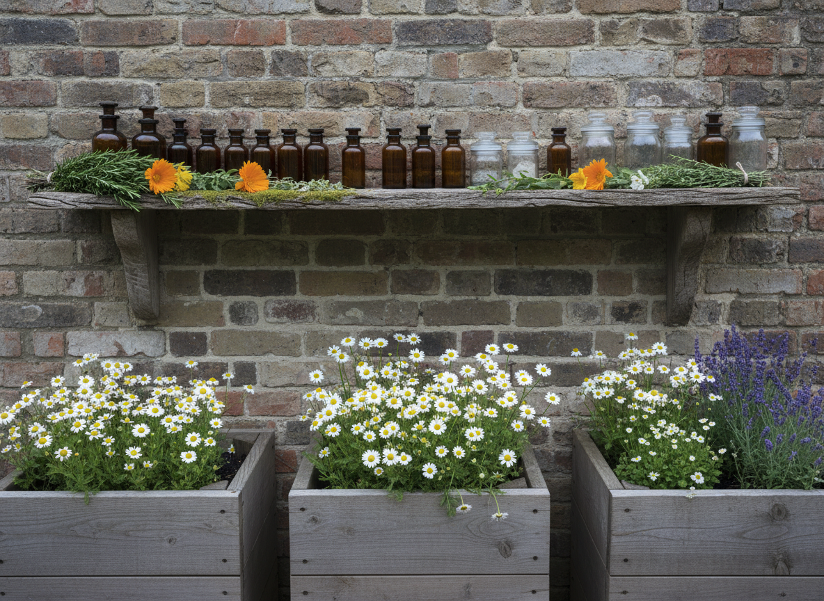 An atmospheric photographic close‑up of an apothecary‑style corner in the physic garden at Old Kent’s Cottage Gardens. A weathered oak shelf is mounted on an old brick wall, its crevices softened by moss. On the shelf stand neat rows of small, unlabeled amber glass bottles and clear jars, their contents suggested by nearby living herbs: sprigs of rosemary, calendula blooms, and dried lavender bundles lay beside them as visual cues rather than text. Below, raised beds display orderly clusters of chamomile, yarrow, and feverfew, each plant shown with botanical clarity. Cool, shaded light from an overcast sky creates soft, even illumination and subtle highlights on the glass, contributing to a quiet, scholarly atmosphere. The composition uses a shallow depth of field, with the nearest herbs sharply focused and the upper bottles gently blurred, emphasizing the link between plant and preparation.