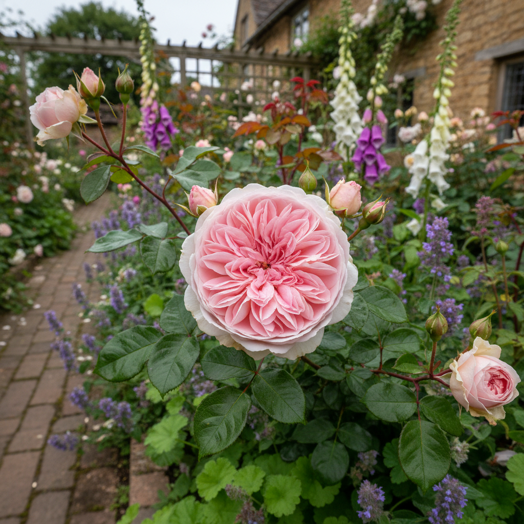 A close, intimate photographic view of a mixed rose border centered on a fully open David Austin English rose blossom with blush pink cupped petals fading to creamy edges.